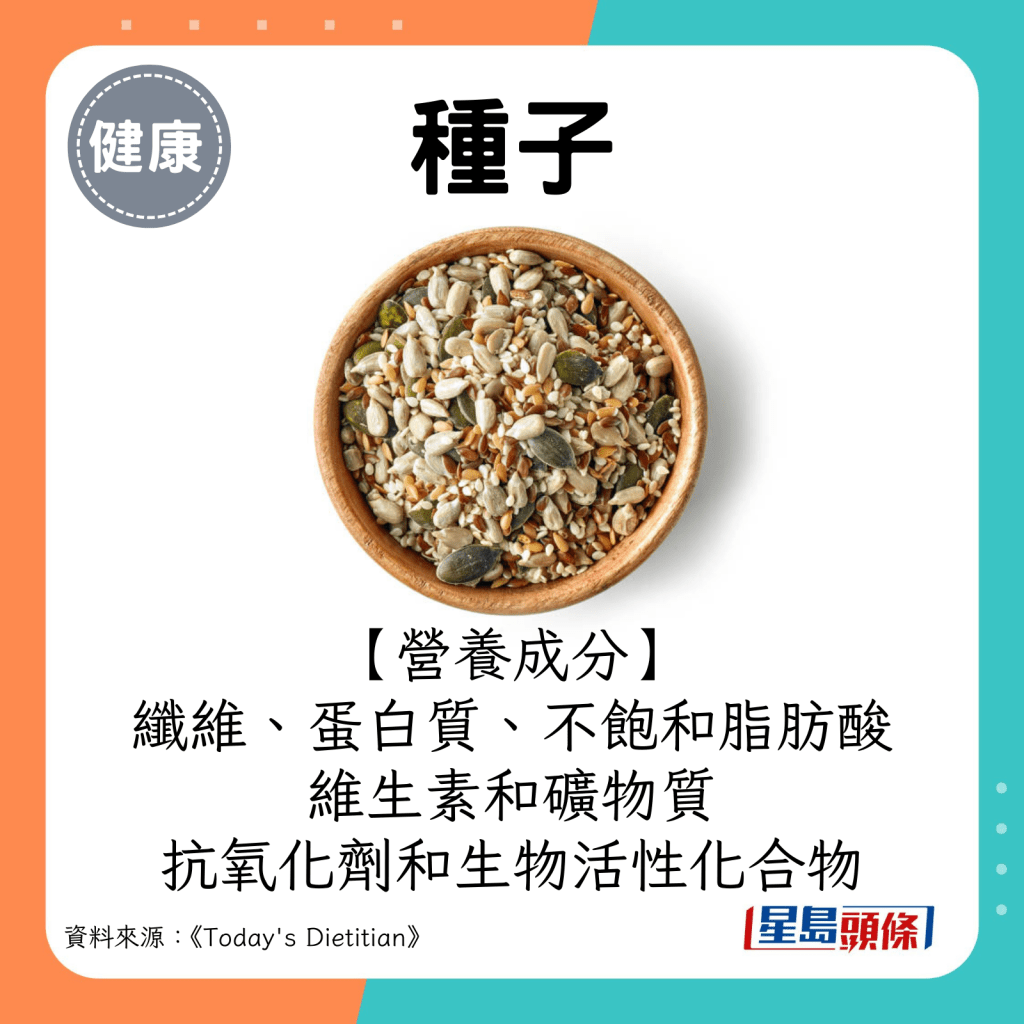 2024超級食物｜種子營養成分：纖維、蛋白質、必需脂肪酸等不飽和脂肪酸、維生素和礦物質、抗氧化劑和生物活性化合物。