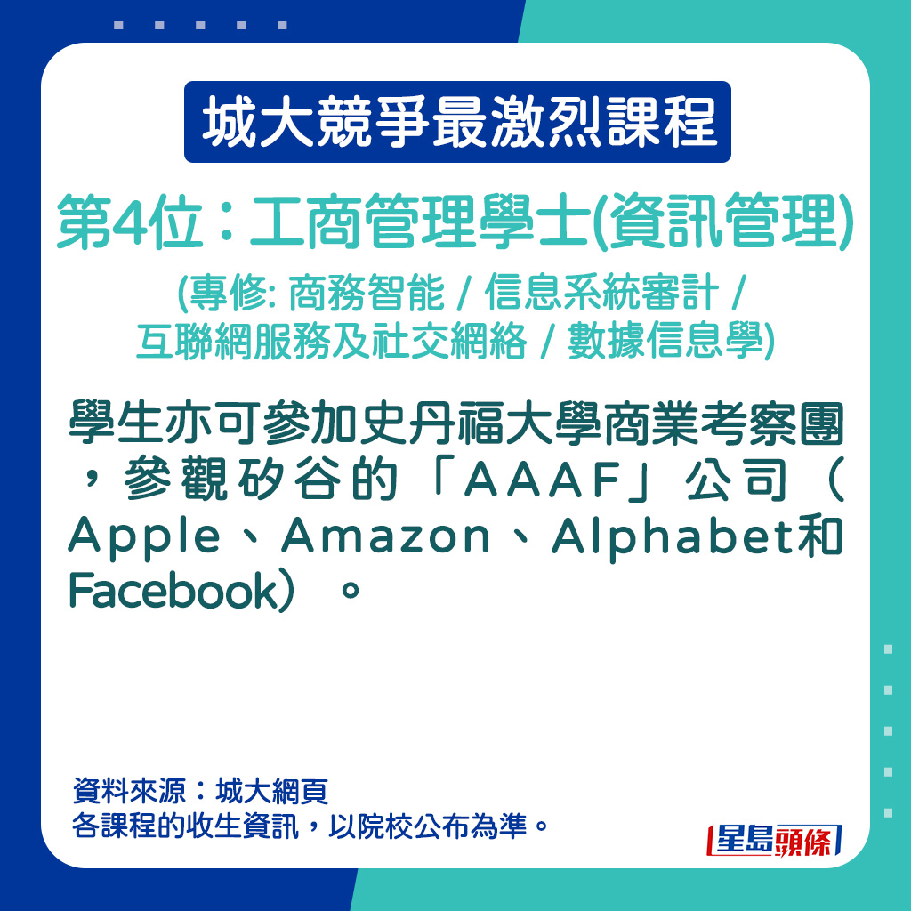 工商管理学士(资讯管理) (专修: 商务智能 / 信息系统审计 / 互联网服务及社交网络 / 数据信息学)的课程资讯。