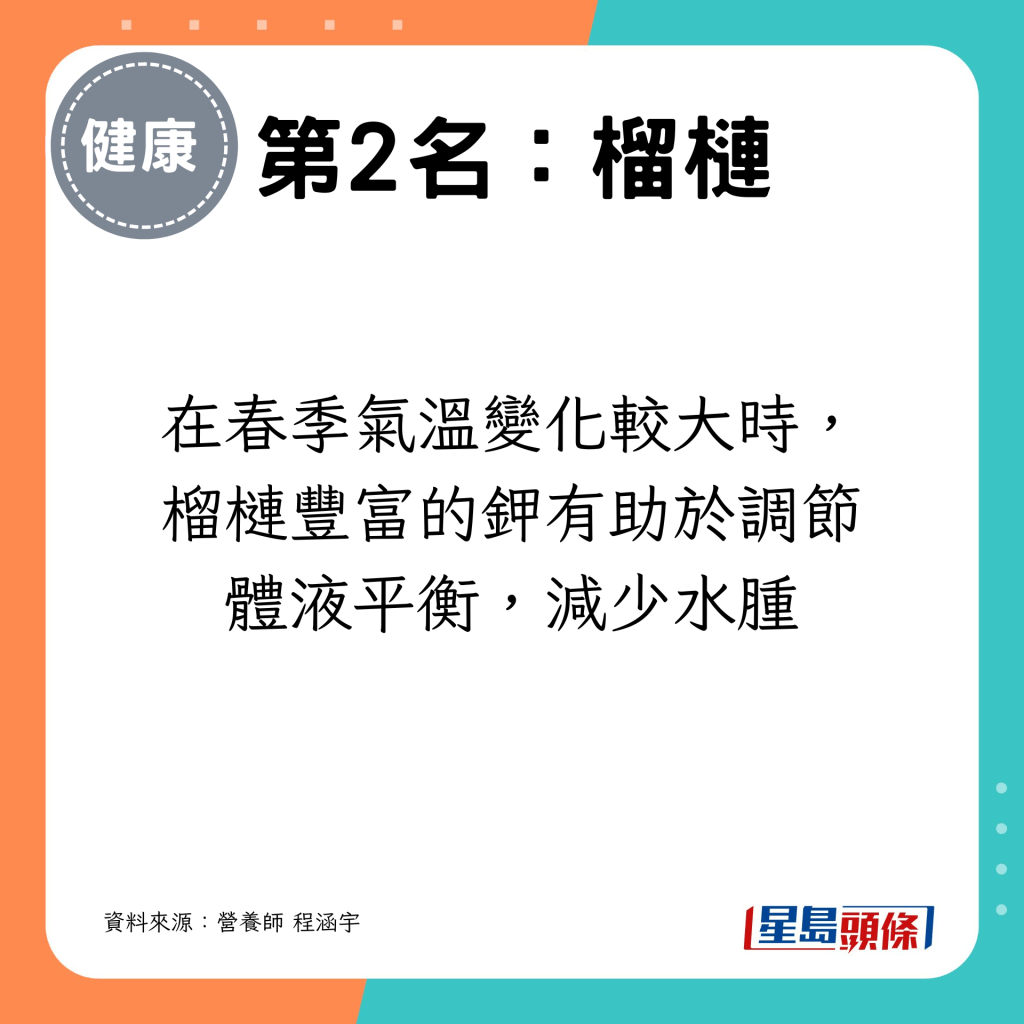 在春季氣溫變化較大時，榴槤豐富的鉀有助於調節體液平衡，減少水腫