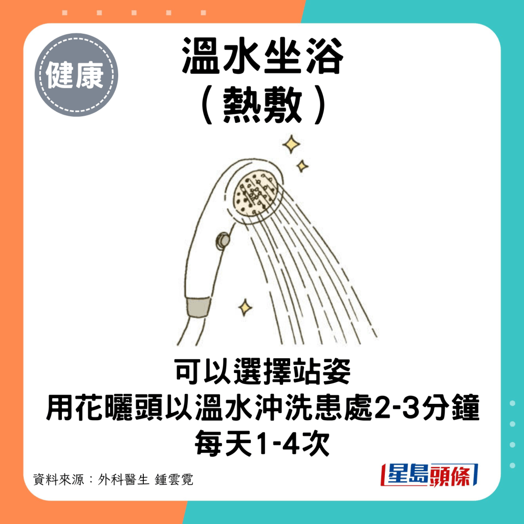 溫水坐浴（熱敷）：可以選擇站姿，用花曬頭以溫熱水持續沖洗患處2-3分鐘，每天1-4次。