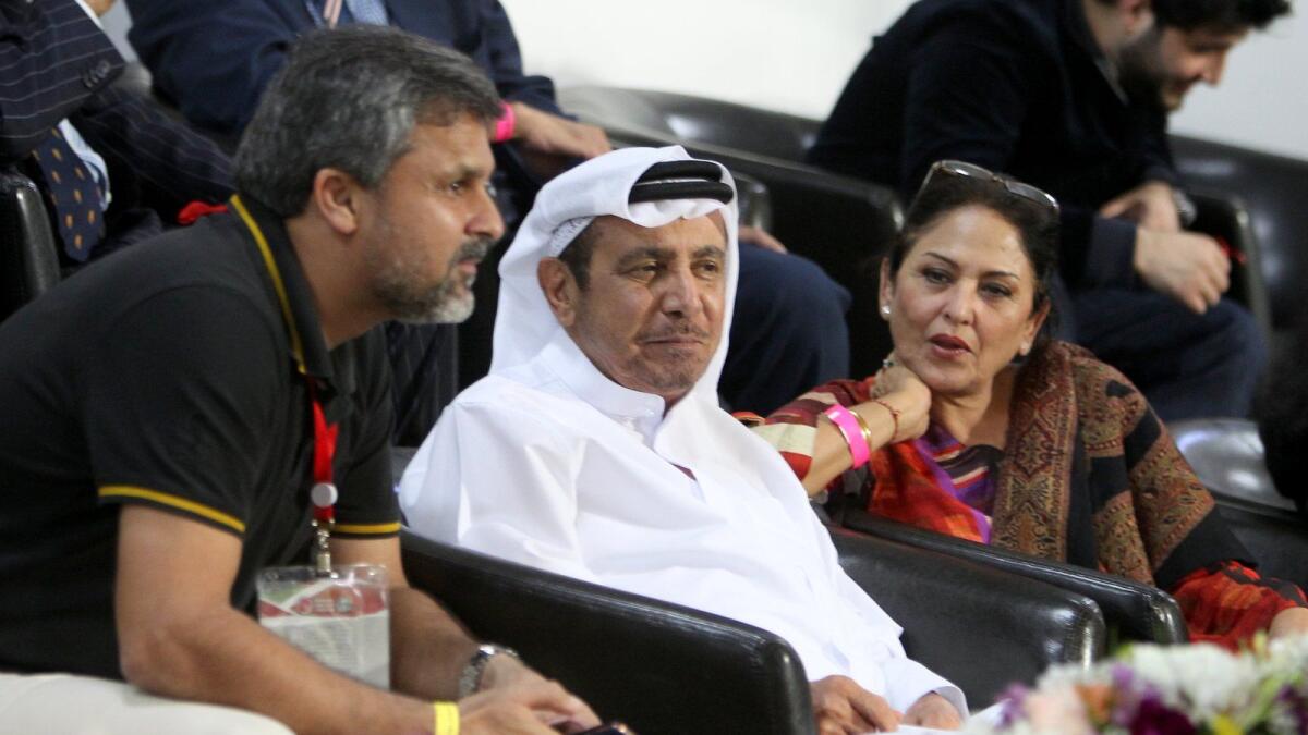 Abdul Rahman Bukhatir with former Pakistan player Moin Khan during an ODI match between Pakistan and New Zealand in Sharjah. KT file photo