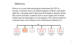 Memory
CPU
e.g., Disk, CD,
and Tape
Input
Devices
e.g., Keyboard,
Mouse
e.g., Monitor,
Printer
Communication
Devices
e.g., Modem,
and NIC
Storage
Devices
Memory
Output
Devices
Bus
5
Memory is to store data and program instructions for CPU to
execute. A memory unit is an ordered sequence of bytes, each holds
eight bits. A program and its data must be brought to memory before
they can be executed. A memory byte is never empty, but its initial
content may be meaningless to your program. The current content of
a memory byte is lost whenever new information is placed in it.
 