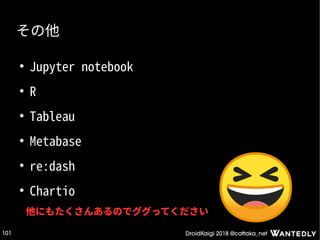 DroidKaigi 2018 @cattaka_net101
その他
●
Jupyter notebook
●
R
●
Tableau
●
Metabase
●
re:dash
●
Chartio
他にもたくさんあるのでググってください
 