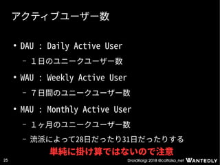 DroidKaigi 2018 @cattaka_net25
アクティブユーザー数
●
DAU : Daily Active User
– １日のユニークユーザー数
●
WAU : Weekly Active User
– ７日間のユニークユーザー数
●
MAU : Monthly Active User
– １ヶ月のユニークユーザー数
– 流派によって28日だったり31日だったりする
単純に掛け算ではないので注意
 