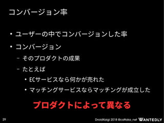 DroidKaigi 2018 @cattaka_net29
コンバージョン率
●
ユーザーの中でコンバージョンした率
●
コンバージョン
– そのプロダクトの成果
– たとえば
●
ECサービスなら何かが売れた
●
マッチングサービスならマッチングが成立した
プロダクトによって異なる
 