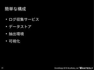 DroidKaigi 2018 @cattaka_net31
簡単な構成
●
ログ収集サービス
●
データストア
●
抽出環境
●
可視化
 