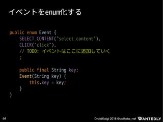 DroidKaigi 2018 @cattaka_net64
イベントをenum化する
public enum Event {
SELECT_CONTENT("select_content"),
CLICK("click"),
// TODO: イベントはここに追加していく
;
public final String key;
Event(String key) {
this.key = key;
}
}
 