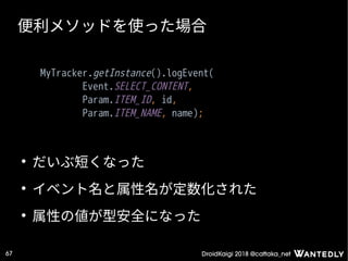 DroidKaigi 2018 @cattaka_net67
便利メソッドを使った場合
MyTracker.getInstance().logEvent(
Event.SELECT_CONTENT,
Param.ITEM_ID, id,
Param.ITEM_NAME, name);
●
だいぶ短くなった
●
イベント名と属性名が定数化された
●
属性の値が型安全になった
 