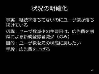 状況の明確化
事実：継続率落ちてないのにユーザ数が落ち
続けている
仮説：ユーザ数減少の主要因は、広告費を削
減による新規登録者減少（のみ）
目的：ユーザ数を元の状態に戻したい
手段：広告費を上げる
40
 