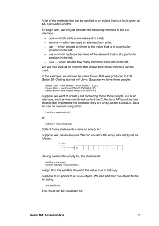 A list of the methods that can be applied to an object that is a list is given at
$API/java/util/List.html.
To begin with, we will just consider the following methods of the List
interface:
• add — which adds a new element to a list;
• remove — which removes an element from a list;
• get — which returns a pointer to the value that is at a particular
position in the list;
• set — which replaces the value of the element that is at a particular
position in the list;
• size — which returns how many elements there are in the list.
We will now look at an example that shows how these methods can be
used.
In the example, we will use the class Person that was produced in ITS
Guide 58: Getting started with Java. Suppose we have three people:
Person tTom = new Person("Tom%1.6%1981-12-25");
Person tDick = new Person("Dick%1.7%1980-3-18");
Person tHarry = new Person("Harry%1.8%1979-8-4");
Suppose we want to create a list containing these three people. List is an
interface, and (as was mentioned earlier) the Collections API provides two
classes that implement this interface: they are ArrayList and LinkedList. So a
list can be created using either:
List tList = new ArrayList();
or:
List tList = new LinkedList();
Both of these statements create an empty list.
Suppose we use an ArrayList. We can visualize the ArrayList's empty list as
follows:
tList
0 ...
Having created the empty list, the statements:
int tSize = tList.size();
boolean tIsEmpty = tList.isEmpty();
assign 0 to the variable tSize and the value true to tIsEmpty.
Suppose tTom points to a Person object. We can add the tTom object to the
list using:
tList.add(tTom);
The result can be visualized as:
Guide 108: Advanced Java 15
 