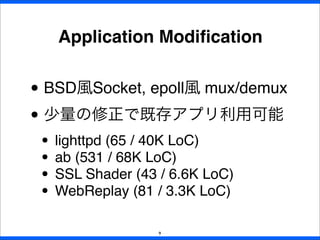 Application Modiﬁcation
9
• BSD風Socket, epoll風 mux/demux
• 少量の修正で既存アプリ利用可能
• lighttpd (65 / 40K LoC)
• ab (531 / 68K LoC)
• SSL Shader (43 / 6.6K LoC)
• WebReplay (81 / 3.3K LoC)
 