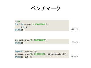 ベンチマーク
s = 0
for i in range(1, 100000001):
s += i
print(s)
s = sum(range(1, 100000001))
print(s)
30.21秒
12.33秒
0.38秒
import numpy as np
a = np.arange(1, 100000001, dtype=np.int64)
print(a.sum())
 