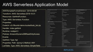 AWS Serverless Application Model
AWSTemplateFormatVersion: '2010-09-09’
Transform: AWS::Serverless-2016-10-31
Resources: GetHtmlFunction:
Type: AWS::Serverless::Function
Properties:
CodeUri: s3://flourish-demo-bucket/todo_list.zip
Handler: index.gethtml
Runtime: nodejs4.3
Policies: AmazonDynamoDBReadOnlyAccess
Events:
GetHtml: Type: Api
Properties: Path: /{proxy+} Method: ANY
ListTable: Type: AWS::Serverless::SimpleTable
AWSTemplateFormatVersion: '2010-09-09'
Resources:
GetHtmlFunctionGetHtmlPermissionProd:
Type: AWS::Lambda::Permission
Properties:
Action: lambda:invokeFunction
Principal: apigateway.amazonaws.com
FunctionName:
Ref: GetHtmlFunction
SourceArn:
Fn::Sub: arn:aws:execute-api:${AWS::Region}:${AWS::AccountId}:${ServerlessRestApi}/Prod/ANY/*
ServerlessRestApiProdStage:
Type: AWS::ApiGateway::Stage
Properties:
DeploymentId:
Ref: ServerlessRestApiDeployment
RestApiId:
Ref: ServerlessRestApi
StageName: Prod
ListTable:
Type: AWS::DynamoDB::Table
Properties:
ProvisionedThroughput:
WriteCapacityUnits: 5
ReadCapacityUnits: 5
AttributeDefinitions:
- AttributeName: id
AttributeType: S
KeySchema:
- KeyType: HASH
AttributeName: id
GetHtmlFunction:
Type: AWS::Lambda::Function
Properties:
Handler: index.gethtml
Code:
S3Bucket: flourish-demo-bucket
S3Key: todo_list.zip
Role:
Fn::GetAtt:
- GetHtmlFunctionRole
- Arn
Runtime: nodejs4.3
GetHtmlFunctionRole:
Type: AWS::IAM::Role
Properties:
ManagedPolicyArns:
- arn:aws:iam::aws:policy/AmazonDynamoDBReadOnlyAccess
- arn:aws:iam::aws:policy/service-role/AWSLambdaBasicExecutionRole
AssumeRolePolicyDocument:
Version: '2012-10-17'
Statement:
- Action:
- sts:AssumeRole
Effect: Allow
Principal:
Service:
- lambda.amazonaws.com
ServerlessRestApiDeployment:
Type: AWS::ApiGateway::Deployment
Properties:
RestApiId:
Ref: ServerlessRestApi
Description: 'RestApi deployment id:127e3fb91142ab1ddc5f5446adb094442581a90d'
StageName: Stage
GetHtmlFunctionGetHtmlPermissionTest:
Type: AWS::Lambda::Permission
Properties:
Action: lambda:invokeFunction
Principal: apigateway.amazonaws.com
FunctionName:
Ref: GetHtmlFunction
SourceArn:
Fn::Sub: arn:aws:execute-api:${AWS::Region}:${AWS::AccountId}:${ServerlessRestApi}/*/ANY/*
ServerlessRestApi:
Type: AWS::ApiGateway::RestApi
Properties:
Body:
info:
version: '1.0'
title:
Ref: AWS::StackName
paths:
"/{proxy+}":
x-amazon-apigateway-any-method:
x-amazon-apigateway-integration:
httpMethod: ANY
type: aws_proxy
uri:
Fn::Sub: arn:aws:apigateway:${AWS::Region}:lambda:path/2015-03-
31/functions/${GetHtmlFunction.Arn}/invocations
responses: {}
swagger: '2.0'
REPLACES:
 