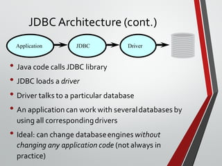 JDBC Architecture (cont.)
Application JDBC Driver
• Java code calls JDBC library
• JDBC loads a driver
• Driver talks to a particular database
• An application can work with severaldatabases by
using all correspondingdrivers
• Ideal: can change databaseengines without
changing any application code (not always in
practice)
 