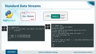 Python Certification Training https://www.edureka.co/python
Standard Data Streams
Sys - Module
>>> import sys
>>> for i in (sys.stdin, sys.stdout, sys.stderr):
... print(i)
...
', mode 'w' at 0x7f3397a2c150>
', mode 'w' at 0x7f3397a2c1e0>
>>>
SHELLstdin stdout
stderr
>>> import sys
>>> print "Going via stdout"
Going via stdout
>>> sys.stdout.write("Another way to do it!n")
Another way to do it!
>>> x = raw_input("read value via stdin: ")
read value via stdin: 42
>>> print x
42
>>> print "type in value: ", ; sys.stdin.readline()[:-1]
type in value: 42
'42'
>>>
 