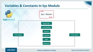 Python Certification Training https://www.edureka.co/python
Variables & Constants In Sys Module
Sys - Module
byteorder
executable
maxint
modules
path
platform
Variables Constants
 