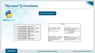 Python Certification Training https://www.edureka.co/python
The exec*() Functions
exec*() functions
• os.execl(path, arg0, arg1, ...)
• os.execle(path, arg0, arg1, ..., env)
• os.execlp(file, arg0, arg1, ...)
• os.execlpe(file, arg0, arg1, ..., env)
• os.execv(path, args)
• os.execve(path, args, env)
• os.execvp(file, args)
• os.execvpe(file, args, env)
 