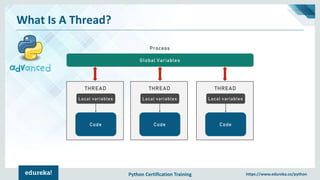 Python Certification Training https://www.edureka.co/python
What Is A Thread?
Global Variables
Process
Local variables
Code
THREAD
Local variables
Code
THREAD
Local variables
Code
THREAD
 