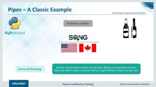 Python Certification Training https://www.edureka.co/python
Pipes – A Classic Example
99 Bottles of Beer
Drinking is injurious to health
Ninety-nine bottles of beer on the wall, Ninety-nine bottles of beer.
Take one down, pass it around, Ninety-eight bottles of beer on the wall.
Lyrics of the song:
 
