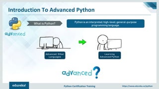 Python Certification Training https://www.edureka.co/python
Introduction To Advanced Python
Python is an interpreted, high-level, general-purpose
programming language.
What is Python?
Advanced: Other
Languages
Learning
Advanced Python
 