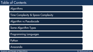 Analysis and Design of Algorithms
Algorithms
Time Complexity & Space Complexity
Algorithm vs Pseudocode
Some Algorithm Types
Programming Languages
Python
Anaconda
 