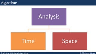 Analysis and Design of Algorithms
Analysis
Time Space
 