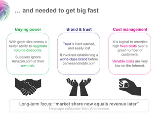 … and needed to get big fast

    Buying power                        Brand & trust              Cost management


With great size comes a                                            It is logical to amortize
                                      Trust is hard earned,
better ability to negotiate                                        high fixed costs over a
                                         and easily lost
   volume discounts.                                                    great number of
                                    It involved establishing a             customers.
   Suppliers ignore
                                    world-class brand before
  Amazon.com at their                                              Variable costs are very
                                       barnesandnoble.com
      own risk.                                                     low on the Internet.




       Long-term focus: “market share now equals revenue later”
                              Netscape cofounder Marc Andreessen
 