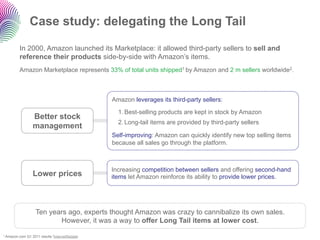 Case study: delegating the Long Tail

        In 2000, Amazon launched its Marketplace: it allowed third-party sellers to sell and
        reference their products side-by-side with Amazon’s items.
        Amazon Marketplace represents 33% of total units shipped1 by Amazon and 2 m sellers worldwide2.



                                                   Amazon leverages its third-party sellers:

                                                     1. Best-selling products are kept in stock by Amazon
                  Better stock
                                                     2. Long-tail items are provided by third-party sellers
                  management
                                                   Self-improving: Amazon can quickly identify new top selling items
                                                   because all sales go through the platform.



                                                   Increasing competition between sellers and offering second-hand
                  Lower prices                     items let Amazon reinforce its ability to provide lower prices.




                    Ten years ago, experts thought Amazon was crazy to cannibalize its own sales.
                           However, it was a way to offer Long Tail items at lower cost.
1 Amazon.com   Q1 2011 results 2InternetRetailer
 