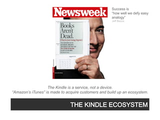 Success is
                                                     “how well we defy easy
                                                     analogy”
                                                     Jeff Bezos




                   The Kindle is a service, not a device.
“Amazon’s iTunes” is made to acquire customers and build up an ecosystem.
 