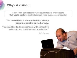 Why? A vision…

          From 1994, Jeff Bezos knew he could create a retail website
       that would not have the limitations physical businesses encounter.

   “You could build a store online that simply
            could not exist in any other way.
You could build a true superstore with exhaustive
      selection; and customers value selection.”
                                        Jeff Bezos
 