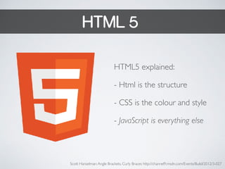 HTML 5
HTML5 explained:
- Html is the structure
- CSS is the colour and style
- JavaScript is everything else
Scott Hanselman:Angle Brackets, Curly Braces http://channel9.msdn.com/Events/Build/2012/3-027
 