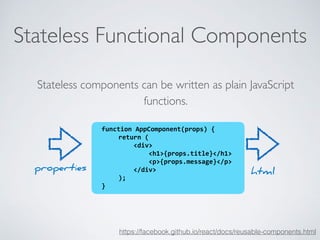Stateless Functional Components
function	AppComponent(props)	{	
return	(	
				<div>	
								<h1>{props.title}</h1>	
								<p>{props.message}</p>	
				</div>	
);	
}
properties html
Stateless components can be written as plain JavaScript
functions.
https://facebook.github.io/react/docs/reusable-components.html
 