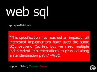 web sqlapi: openDatabasedb= openDatabase("html5demos", "1.0", "HTML 5 Database API example", 200000);if (db) {db.transaction(function(tx) {tx.executeSql("CREATE TABLE IF NOT EXISTS tweets (id REAL UNIQUE,                     text TEXT, created_atTEXT, screen_name TEXT,                      mention BOOLEAN)", [], callback);      });}db.transaction(function (tx) {tx.executeSql('SELECT * FROM tweets WHERE mention = ? AND id > ? ORDER BY id DESC', [mention, latest], callbackFunc);});“This specification has reached an impasse: all interested implementors have used the same SQL backend (Sqlite), but we need multiple independent implementations to proceed along a standardisation path.” –W3Csupport: Safari, Chrome, Opera