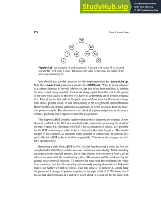 176 Chap. 5 Binary Trees
37
24
2
32
35
42
40 42
120
7
Figure 5.15 An example of BST insertion. A record with value 35 is inserted
into the BST of Figure 5.13(a). The node with value 32 becomes the parent of the
new node containing 35.
You should pay careful attention to the implementation for inserthelp.
Note that inserthelp returns a pointer to a BSTNode. What is being returned
is a subtree identical to the old subtree, except that it has been modified to contain
the new record being inserted. Each node along a path from the root to the parent
of the new node added to the tree will have its appropriate child pointer assigned
to it. Except for the last node in the path, none of these nodes will actually change
their child’s pointer value. In that sense, many of the assignments seem redundant.
However, the cost of these additional assignments is worth paying to keep the inser-
tion process simple. The alternative is to check if a given assignment is necessary,
which is probably more expensive than the assignment!
The shape of a BST depends on the order in which elements are inserted. A new
element is added to the BST as a new leaf node, potentially increasing the depth of
the tree. Figure 5.13 illustrates two BSTs for a collection of values. It is possible
for the BST containing n nodes to be a chain of nodes with height n. This would
happen if, for example, all elements were inserted in sorted order. In general, it is
preferable for a BST to be as shallow as possible. This keeps the average cost of a
BST operation low.
Removing a node from a BST is a bit trickier than inserting a node, but it is not
complicated if all of the possible cases are considered individually. Before tackling
the general node removal process, let us first discuss how to remove from a given
subtree the node with the smallest key value. This routine will be used later by the
general node removal function. To remove the node with the minimum key value
from a subtree, first find that node by continuously moving down the left link until
there is no further left link to follow. Call this node S. To remove S, simply have
the parent of S change its pointer to point to the right child of S. We know that S
has no left child (because if S did have a left child, S would not be the node with
 