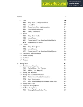 Contents v
4.1 Lists 100
4.1.1 Array-Based List Implementation 103
4.1.2 Linked Lists 106
4.1.3 Comparison of List Implementations 117
4.1.4 Element Implementations 119
4.1.5 Doubly Linked Lists 120
4.2 Stacks 125
4.2.1 Array-Based Stacks 125
4.2.2 Linked Stacks 128
4.2.3 Comparison of Array-Based and Linked Stacks 129
4.2.4 Implementing Recursion 129
4.3 Queues 133
4.3.1 Array-Based Queues 134
4.3.2 Linked Queues 137
4.3.3 Comparison of Array-Based and Linked Queues 140
4.4 Dictionaries and Comparators 140
4.5 Further Reading 147
4.6 Exercises 147
4.7 Projects 150
5 Binary Trees 153
5.1 Definitions and Properties 153
5.1.1 The Full Binary Tree Theorem 156
5.1.2 A Binary Tree Node ADT 157
5.2 Binary Tree Traversals 158
5.3 Binary Tree Node Implementations 162
5.3.1 Pointer-Based Node Implementations 163
5.3.2 Space Requirements 169
5.3.3 Array Implementation for Complete Binary Trees 170
5.4 Binary Search Trees 171
5.5 Heaps and Priority Queues 180
5.6 Huffman Coding Trees 187
5.6.1 Building Huffman Coding Trees 189
 