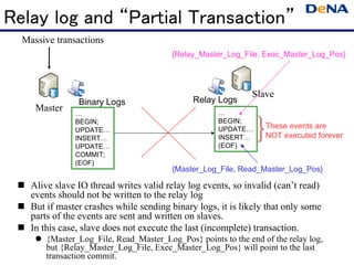 Relay log and “Partial Transaction”
  Massive transactions
                                         {Relay_Master_Log_File, Exec_Master_Log_Pos}




                                                              Slave
                Binary Logs                   Relay Logs
     Master                                          …
               …
               BEGIN;                                BEGIN;
               UPDATE…                               UPDATE…     These events are
               INSERT…                               INSERT…     NOT executed forever
               UPDATE…                               (EOF)
               COMMIT;
               (EOF)
                                         {Master_Log_File, Read_Master_Log_Pos}

  Alive slave IO thread writes valid relay log events, so invalid (can’t read)
   events should not be written to the relay log
  But if master crashes while sending binary logs, it is likely that only some
   parts of the events are sent and written on slaves.
  In this case, slave does not execute the last (incomplete) transaction.
      {Master_Log_File, Read_Master_Log_Pos} points to the end of the relay log,
       but {Relay_Master_Log_File, Exec_Master_Log_Pos} will point to the last
       transaction commit.
 