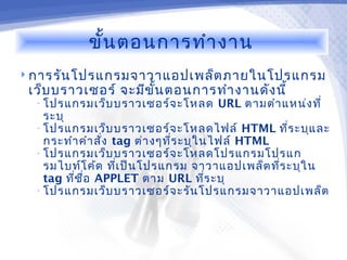 ขั้น ตอนการทำา งาน
 การรัน โปรแกรมจาวาแอปเพล็ต ภายในโปรแกรม
 เว็บ บราวเซอร์ จะมีข ั้น ตอนการทำา งานดัง นี้
  • โปรแกรมเว็บ บราวเซอร์จ ะโหลด    URL ตามตำา แหน่ง ที่
    ระบุ
  • โปรแกรมเว็บ บราวเซอร์จ ะโหลดไฟล์ HTML ที่ร ะบุแ ละ
    กระทำา คำา สั่ง tag ต่า งๆที่ร ะบุใ นไฟล์ HTML
  • โปรแกรมเว็บ บราวเซอร์จ ะโหลดโปรแกรมโปรแก
    รมไบท์โ ค้ด ที่เ ป็น โปรแกรม จาวาแอปเพล็ต ที่ร ะบุใ น
    tag ที่ช ื่อ APPLET ตาม URL ที่ร ะบุ
  • โปรแกรมเว็บ บราวเซอร์จ ะรัน โปรแกรมจาวาแอปเพล็ต
 