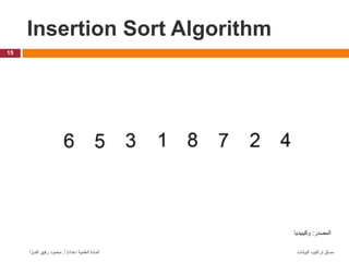 Insertion Sort Algorithm
15
‫البيانات‬ ‫تراكيب‬ ‫مساق‬
‫إعداد‬ ‫العلمية‬ ‫المادة‬
/
‫أ‬
.
‫ا‬ َّ‫الفــر‬ ‫رفيق‬ ‫محمود‬
‫المصدر‬
:
‫وكيبيديا‬
 
