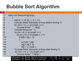 Bubble Sort Algorithm
9
1. static void Main(string[] args)
2. {
3. int[] id = { 12, 30, 1, 4, 7, 2 };
4. Console.Write(" Elements of Array Before Sorting ");
5. for (int x = 0; x < id.Length; x++)
6. Console.Write(" " + id[x]);
7. Console.WriteLine(" ");
8. for (int i =0; i< id.Length; i++)
9. for (int j =0; j< id.Length-1; j++)
10. if (id[j] > id[j + 1])
11. {
12. int hold = id[j];
13. id[j] = id[j + 1];
14. id[j + 1] = hold; }
15. Console.Write(" Elements of Array After Sorting ");
16. for (int x = 0; x < id.Length; x++)
17. Console.Write(" "+id[x]); }
 