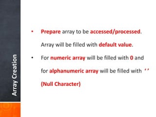 ArrayCreation
• Prepare array to be accessed/processed.
Array will be filled with default value.
• For numeric array will be filled with 0 and
for alphanumeric array will be filled with ‘ ’
(Null Character)
 