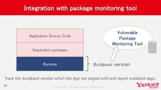 Copyrig ht © 2017 Yahoo Japan Corporation. All Rig hts Reserved.
Integration with package monitoring tool
51
Application Source Code
Dependent packages
Runtime Buildpack version
Vulnerable
Package
Monitoring Tool
Track the buildpack version which the App are staged with and report outdated apps.
 