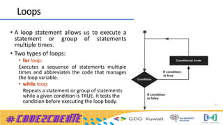 47
Loops
• A loop statement allows us to execute a
statement or group of statements
multiple times.
• Two types of loops:
• for loop:
Executes a sequence of statements multiple
times and abbreviates the code that manages
the loop variable.
• while loop:
Repeats a statement or group of statements
while a given condition is TRUE. It tests the
condition before executing the loop body.
 