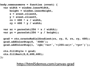 body.onmousemove = function (event) {
  var width = window.innerWidth,
      height = window.innerHeight,
      x = event.clientX,
      y = event.clientY,
      rx = 600 * x / width,
      ry = 600 * y / width;

     var xc = parseInt(256 * x / width);
     var yc = parseInt(256 * y / height);

     grad = ctx.createRadialGradient(rx, ry, 0, rx, ry, 600);
     grad.addColorStop(0, '#000');
     grad.addColorStop(1, 'rgb('+xc+','+(255-xc)+','+yc+')');

     ctx.fillStyle = grad;
     ctx.fillRect(0,0,600,600);
};

             http://html5demos.com/canvas-grad
 