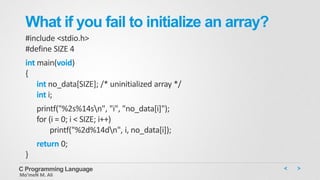 What if you fail to initialize an array?
#include <stdio.h>
#define SIZE 4
int main(void)
{
int no_data[SIZE]; /* uninitialized array */
int i;
printf("%2s%14sn", "i", "no_data[i]");
for (i = 0; i < SIZE; i++)
printf("%2d%14dn", i, no_data[i]);
return 0;
}
C Programming Language
Mo’meN M. Ali
 