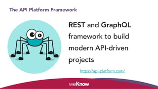 The API Platform Framework
REST and GraphQL
framework to build
modern API-driven
projects
https://api-platform.com/
 