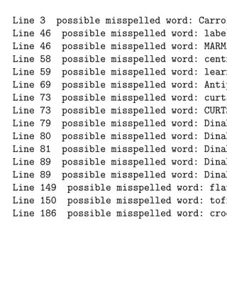 Line   3 possible misspelled word: Carrol
Line   46 possible misspelled word: label
Line   46 possible misspelled word: MARMA
Line   58 possible misspelled word: centr
Line   59 possible misspelled word: learn
Line   69 possible misspelled word: Antip
Line   73 possible misspelled word: curts
Line   73 possible misspelled word: CURTS
Line   79 possible misspelled word: Dinah
Line   80 possible misspelled word: Dinah
Line   81 possible misspelled word: Dinah
Line   89 possible misspelled word: Dinah
Line   89 possible misspelled word: Dinah
Line   149 possible misspelled word: flav
Line   150 possible misspelled word: toff
Line   186 possible misspelled word: croq
 