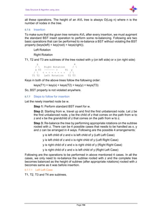 Data Structure & Algorithm using Java
Page 154
all these operations. The height of an AVL tree is always O(Log n) where n is the
number of nodes in the tree.
6.7.6 Insertion
To make sure that the given tree remains AVL after every insertion, we must augment
the standard BST insert operation to perform some re-balancing. Following are two
basic operations that can be performed to re-balance a BST without violating the BST
property (keys(left) < key(root) < keys(right)).
Left Rotation
Right Rotation
T1, T2 and T3 are subtrees of the tree rooted with y (on left side) or x (on right side)
y x
/  Right Rotation / 
x T3 ––––––– > T1 y
/  < - - - - - - - / 
T1 T2 Left Rotation T2 T3
Keys in both of the above trees follow the following order:
keys(T1) < key(x) < keys(T2) < key(y) < keys(T3)
So, BST property is not violated anywhere.
6.7.7 Steps to follow for insertion
Let the newly inserted node be w.
Step 1: Perform standard BST insert for w.
Step 2: Starting from w, travel up and find the first unbalanced node. Let z be
the first unbalanced node, y be the child of z that comes on the path from w to
z and x be the grandchild of z that comes on the path from w to z.
Step 3: Re-balance the tree by performing appropriate rotations on the subtree
rooted with z. There can be 4 possible cases that needs to be handled as x, y
and z can be arranged in 4 ways. Following are the possible 4 arrangements:
y is left child of z and x is left child of y (Left Left Case)
y is left child of z and x is right child of y (Left Right Case)
y is right child of z and x is right child of y (Right Right Case)
y is right child of z and x is left child of y (Right Left Case)
Following are the operations to be performed in above mentioned 4 cases. In all the
cases, we only need to re-balance the subtree rooted with z and the complete tree
becomes balanced as the height of subtree (after appropriate rotations) rooted with z
becomes same as it was before insertion.
6.7.7.1 Left Left Case
T1, T2, T3 and T4 are subtrees.
 