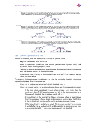 Data Structure & Algorithm using Java
Page 160
6.8.3 Deletion Operations in B Tree
Similar to insertion, with the addition of a couple of special cases.
Key can be deleted from any node.
More complicated procedure, but similar performance figures: O(h) disk
accesses, O(th) = O(tlogt n) CPU time
Deleting is done in a single pass down the tree, but needs to return to the node
with the deleted key if it is an internal node
In the latter case, the key is first moved down to a leaf. Final deletion always
takes place on a leaf
Considering 3 distinct cases for deletion. Let k be the key to be deleted, x the node
containing the key. Then the cases are:
If key k is in node x and x is a leaf, simply delete k from x.
If key k is in node x and x is an internal node, there are three cases to consider:
If the child y that precedes k in node x has at least t keys (more than the
minimum), then find the predecessor key k 0 in the subtree rooted at y.
Recursively delete k 0 and replace k with k 0 in x
Symmetrically, if the child z that follows k in node x has at least t keys,
find the successor k 0 and delete and replace as before. Note that finding
k 0 and deleting it can be performed in a single downward pass
Otherwise, if both y and z have only t−1 (minimum number) keys, merge
k and all of z into y, so that both k and the pointer to z are removed from
x. y now contains 2t− 1 keys, and subsequently k is deleted
 