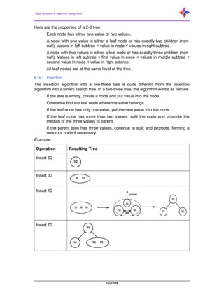 Data Structure & Algorithm using Java
Page 165
Here are the properties of a 2-3 tree:
Each node has either one value or two values.
A node with one value is either a leaf node or has exactly two children (non-
null). Values in left subtree < value in node < values in right subtree.
A node with two values is either a leaf node or has exactly three children (non-
null). Values in left subtree < first value in node < values in middle subtree <
second value in node < value in right subtree.
All leaf nodes are at the same level of the tree.
6.10.1 Insertion
The insertion algorithm into a two-three tree is quite different from the insertion
algorithm into a binary search tree. In a two-three tree, the algorithm will be as follows:
If the tree is empty, create a node and put value into the node.
Otherwise find the leaf node where the value belongs.
If the leaf node has only one value, put the new value into the node.
If the leaf node has more than two values, split the node and promote the
median of the three values to parent.
If the parent then has three values, continue to split and promote, forming a
new root node if necessary.
Example:
Operation Resulting Tree
Insert 50
Insert 30
Insert 10
Insert 70
 