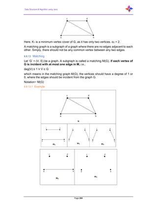 Data Structure & Algorithm using Java
Page 204
Here, K1 is a minimum vertex cover of G, as it has only two vertices. α2 = 2.
A matching graph is a subgraph of a graph where there are no edges adjacent to each
other. Simply, there should not be any common vertex between any two edges.
8.8.13 Matching
Let ‘G’ = (V, E) be a graph. A subgraph is called a matching M(G), if each vertex of
G is incident with at most one edge in M, i.e.,
deg(V) ≤ 1 ∀ V ∈ G
which means in the matching graph M(G), the vertices should have a degree of 1 or
0, where the edges should be incident from the graph G.
Notation− M(G)
8.8.13.1 Example
 